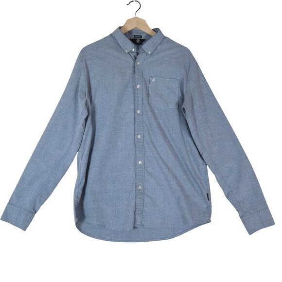 Volcom Blue Chambray Button Down Shirt Modern Fit L Skater Surf Casual - Picture 1 of 7
